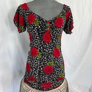 Forever 21 VtG Dress Leopard Roses Sz M Stretch Knit Y2K  Rockabilly Viva